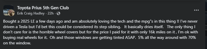 Screenshot of a Facebook post in the Toyota Prius 5th Gen Club praising the 2025 Toyota Prius for its technology, fuel efficiency, and overall driving experience.